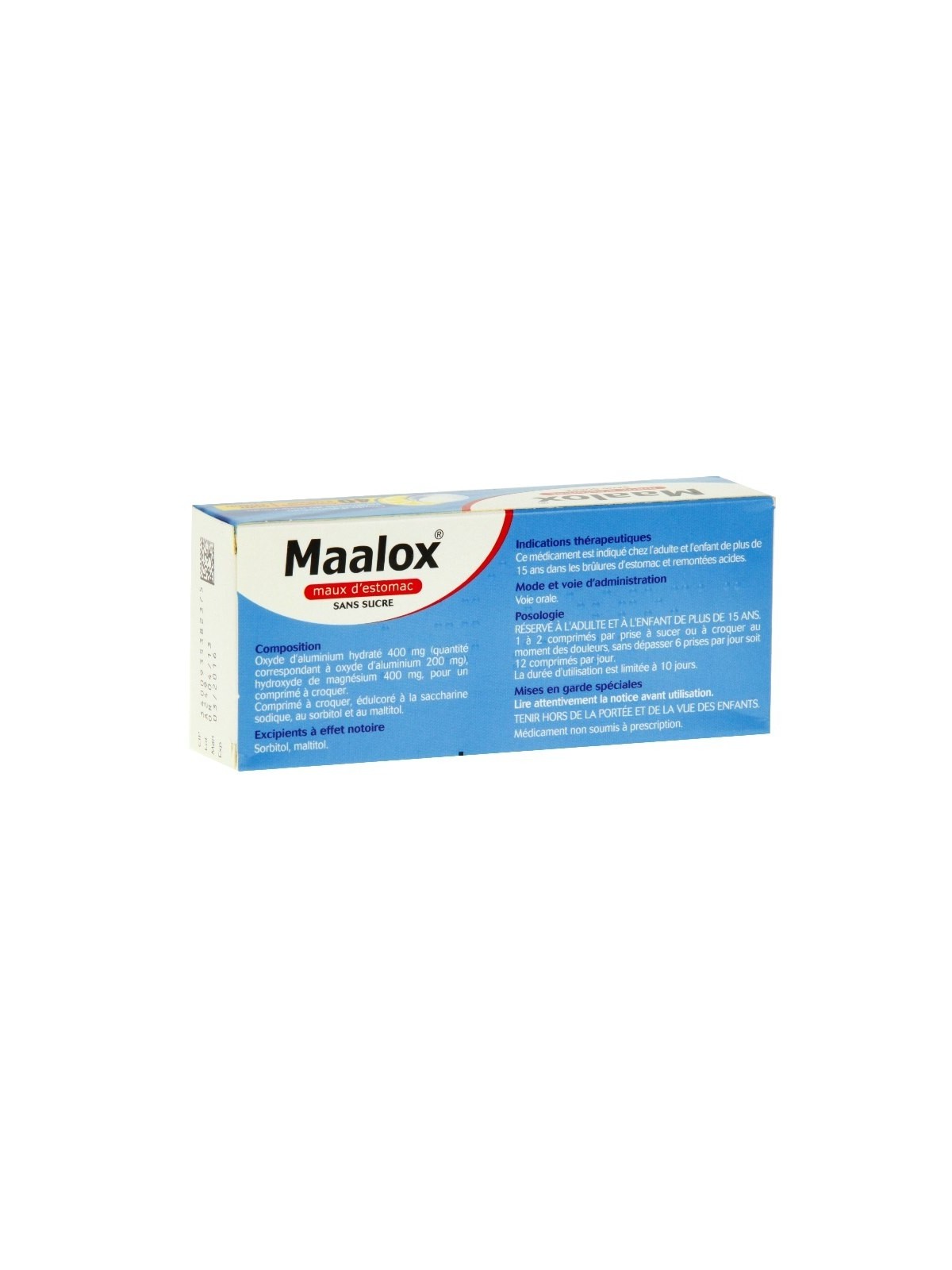MAALOX MAUX D'ESTOMAC SANS SUCRE comprimé à croquer édulcoré à la saccharine sodique, au sorbitol et au maltitol