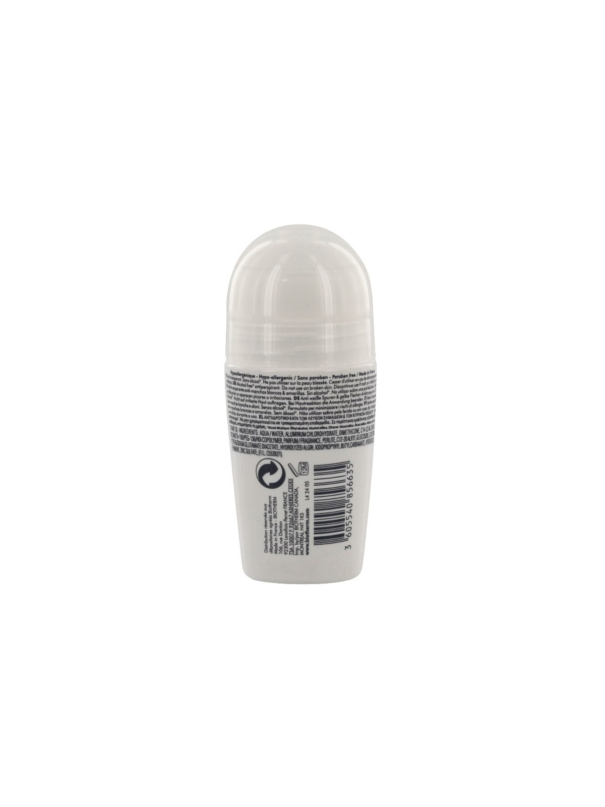 Biotherm déo pure invisible roll-on anti-transpirant 48h 75ml 
