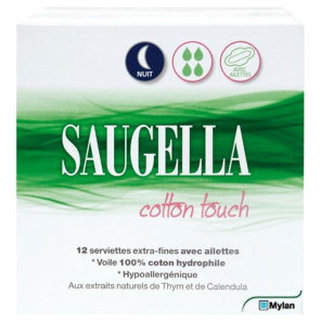 SAUGELLA Cotton Touch Nuit Serviettes Extra-Fines avec Ailettes paquet de 12