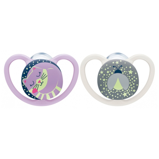 NUK Space Night 2 Sucettes Silicone 18-36 Mois - Couleur : Violette/Gris