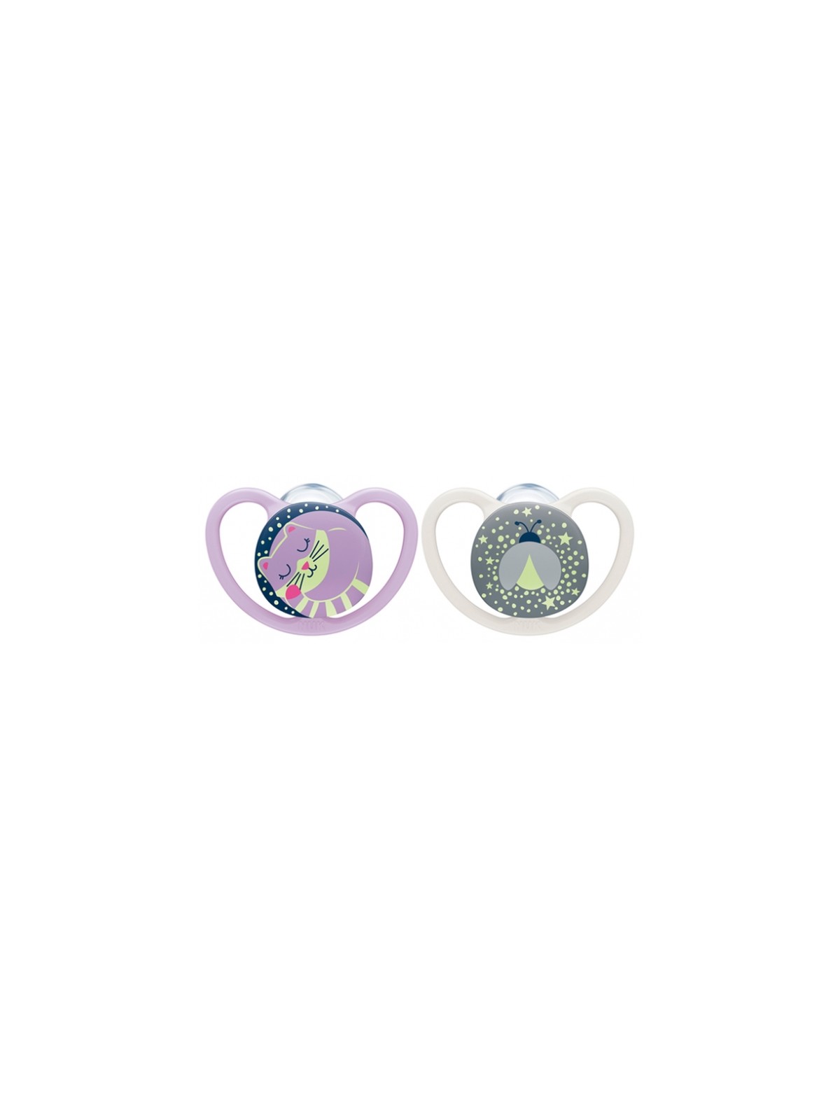 NUK Space Night 2 Sucettes Silicone 18-36 Mois - Couleur : Violette/Gris