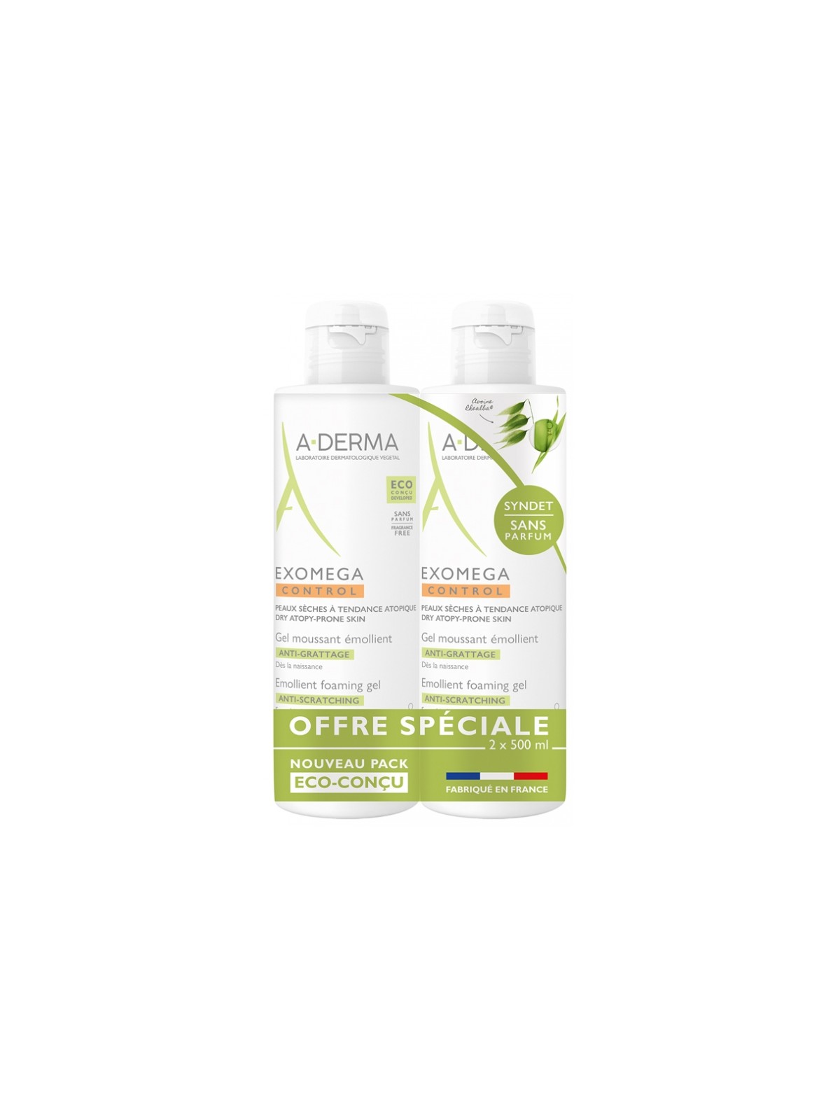 A-DERMA Exomega Control Gel Moussant Émollient Anti-Grattage Lot de 2 x 500 ml