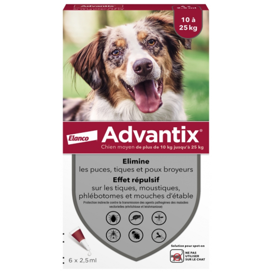 Bayer Advantix Chien Moyen 10 à 25kg 6 pipettes anti puces et tiques