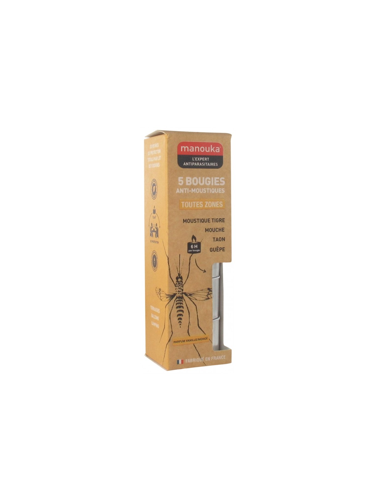 MANOUKA 5 Bougies Anti-Moustiques Toutes Zones Parfum Vanille/Monoï
