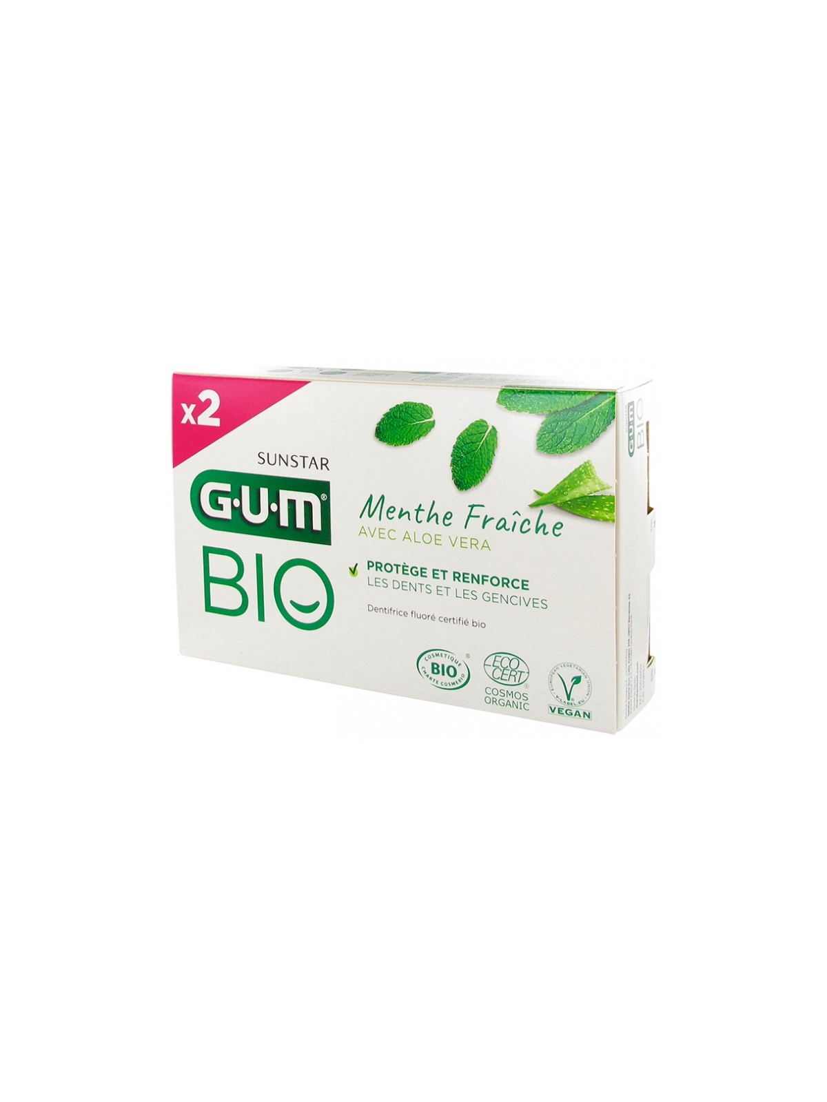 GUM Dentifrice Menthe Fraîche Aloe Vera Bio 2x75 ml