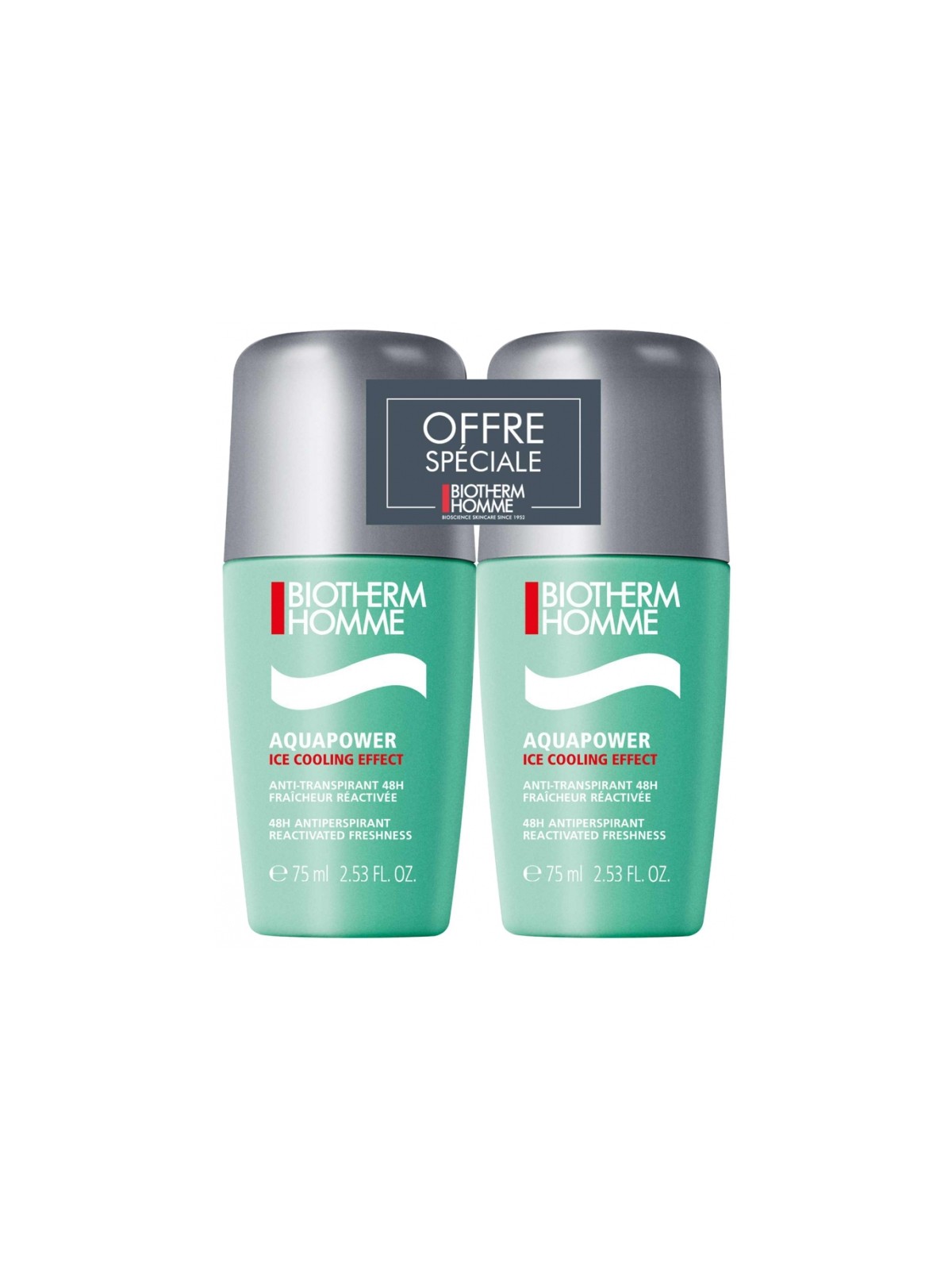 BIOTHERM Aquapower Ice Cooling Effect Anti-Transpirant 48H Roll-On Lot de 2x75 ml