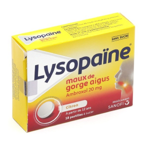 Lysopaïne Maux De Gorge Ambroxol Citron 20 Mg Sans Sucre 18 Pastilles