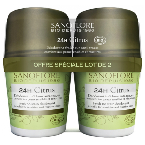 SANOFLORE 24H Citrus Déodorant Fraîcheur Anti-Traces Roll-On Bio Lot 2 x 50 ml