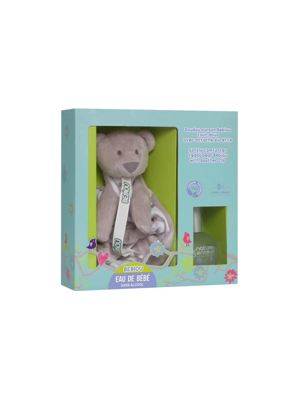 Nature & Senteurs Doudou Ourson Bebiou Tout Doux avec Attache Sucette + Eau de Bébé Sans Alcool 50 ml