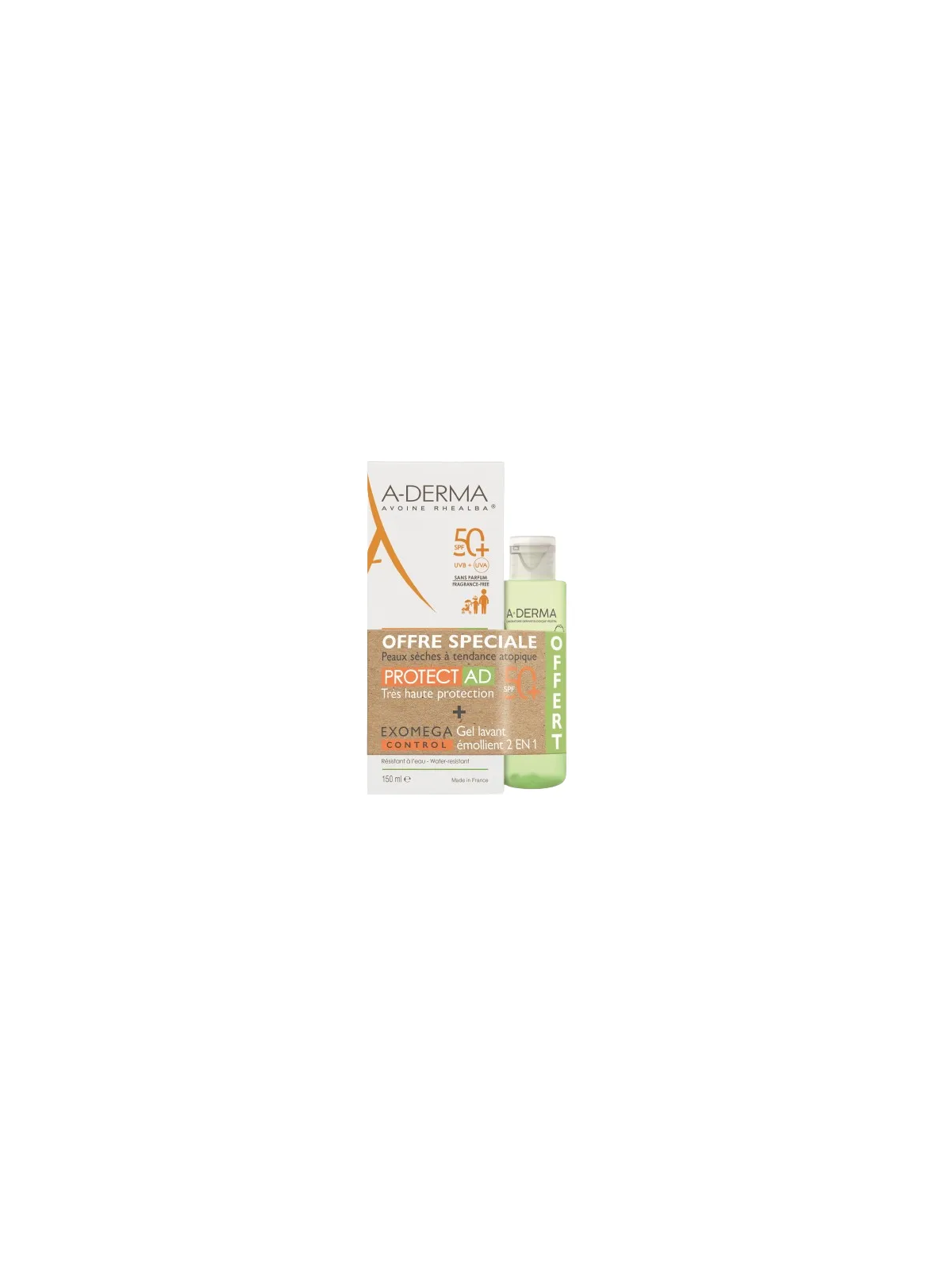 A-DERMA PROTECT AD - Crème Solaire SPF50+ 150ml + EXOMEGA CONTROL - Gel Lavant Émollient 2 en 1 100ml Offert