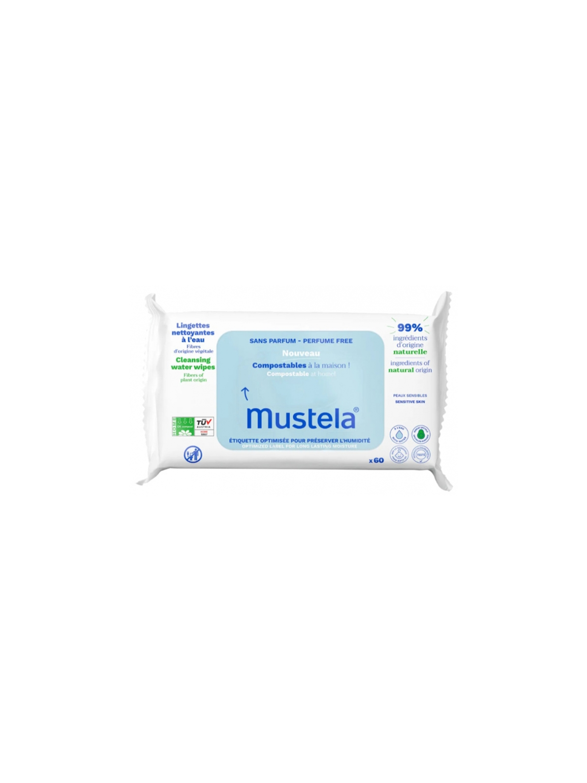 MUSTELA Lingettes Nettoyantes Compostables Sans Parfum 60 Lingettes