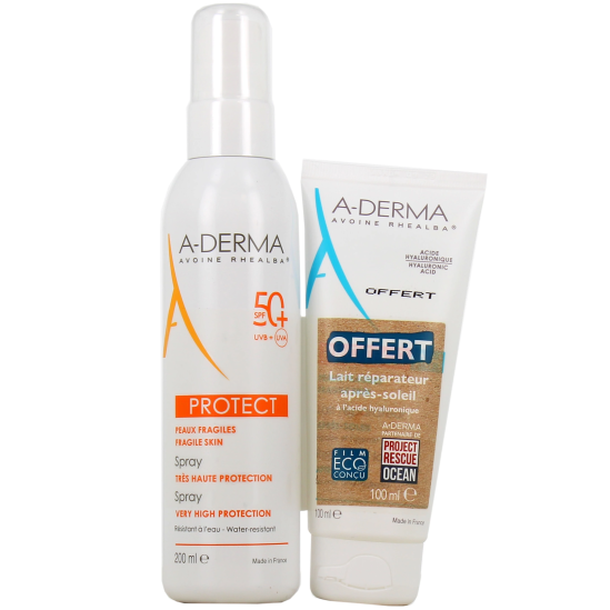 A-DERMA Protect Spray Solaire Très Haute Protection SPF 50+ Lait Après-soleil 100 ml OFFERT