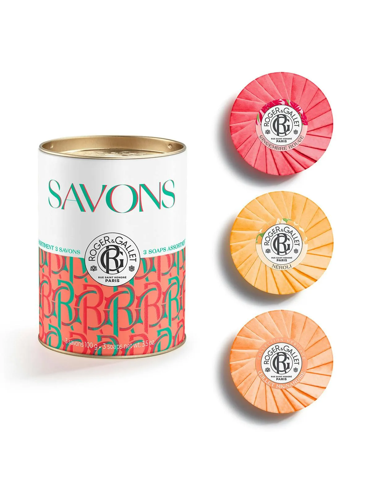 ROGER & GALLET COFFRET SAVONS BIENFAISANTS Gingembre Rouge 100g + Oeillet Mignardise 100g + Néroli 100g
