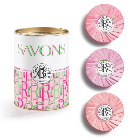 ROGER & GALLET COFFRET SAVONS BIENFAISANTS Rose 100g + Rose Thé 100g + Feuille de Thé 100g