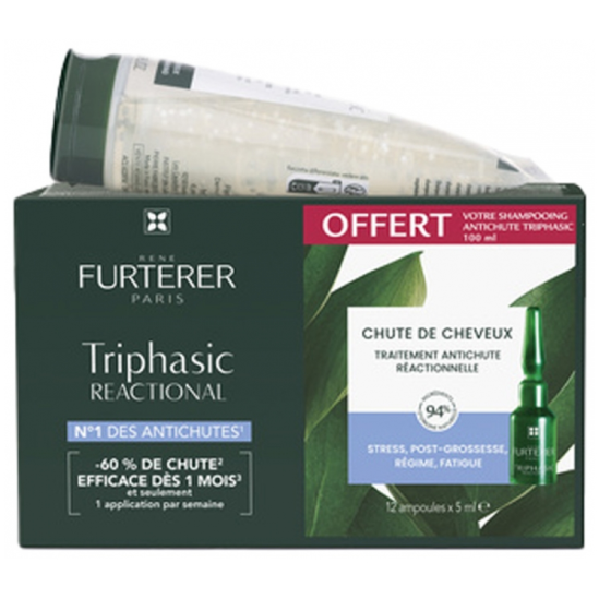 FURTERER Triphasic Reactional Traitement Antichute Réactionnelle 12 Ampoules + Shampoing Antichute 100 ml Offert