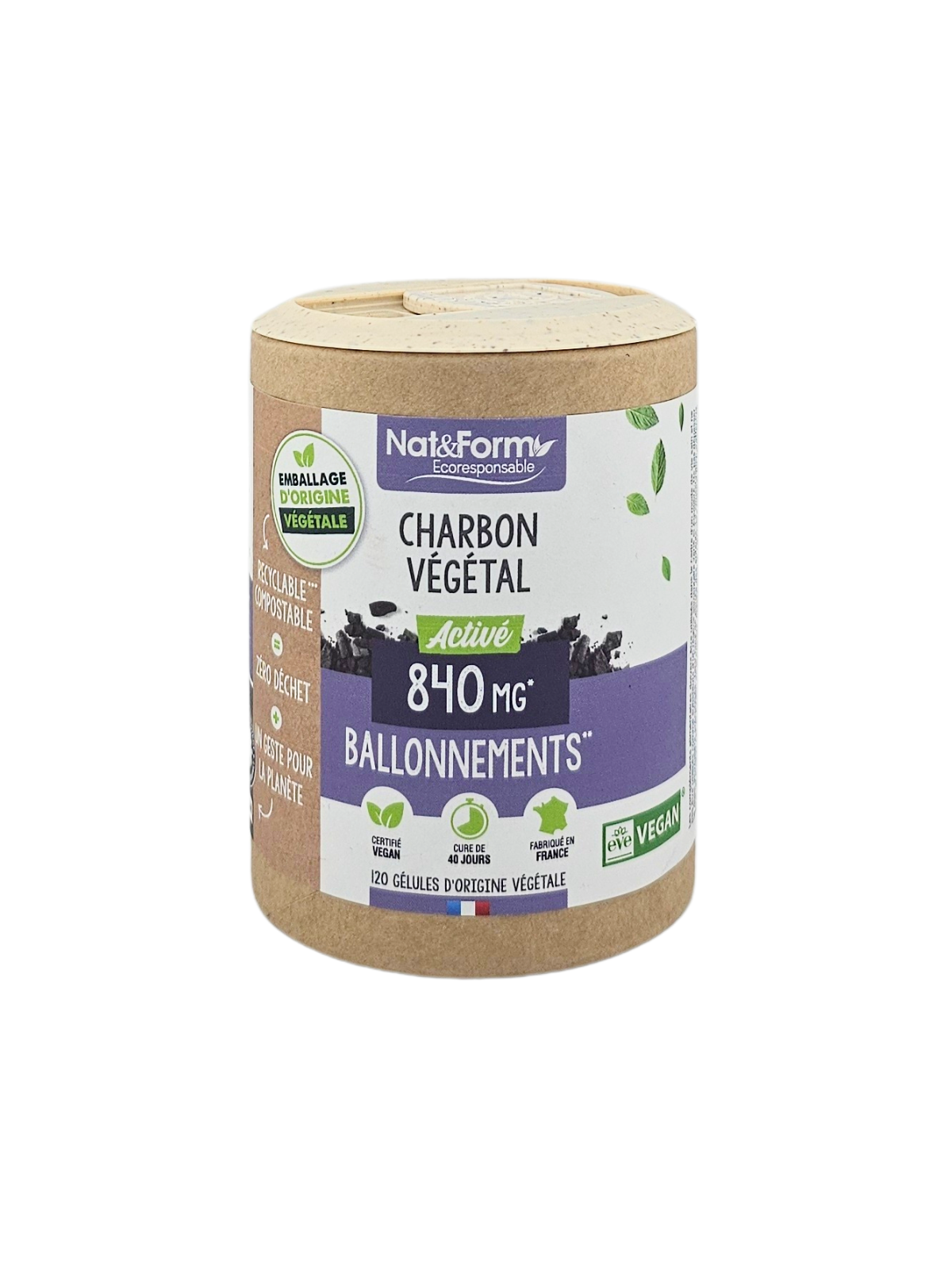 NAT&FORM Charbon Végétal 840Mg Ballonnements 120 gélules