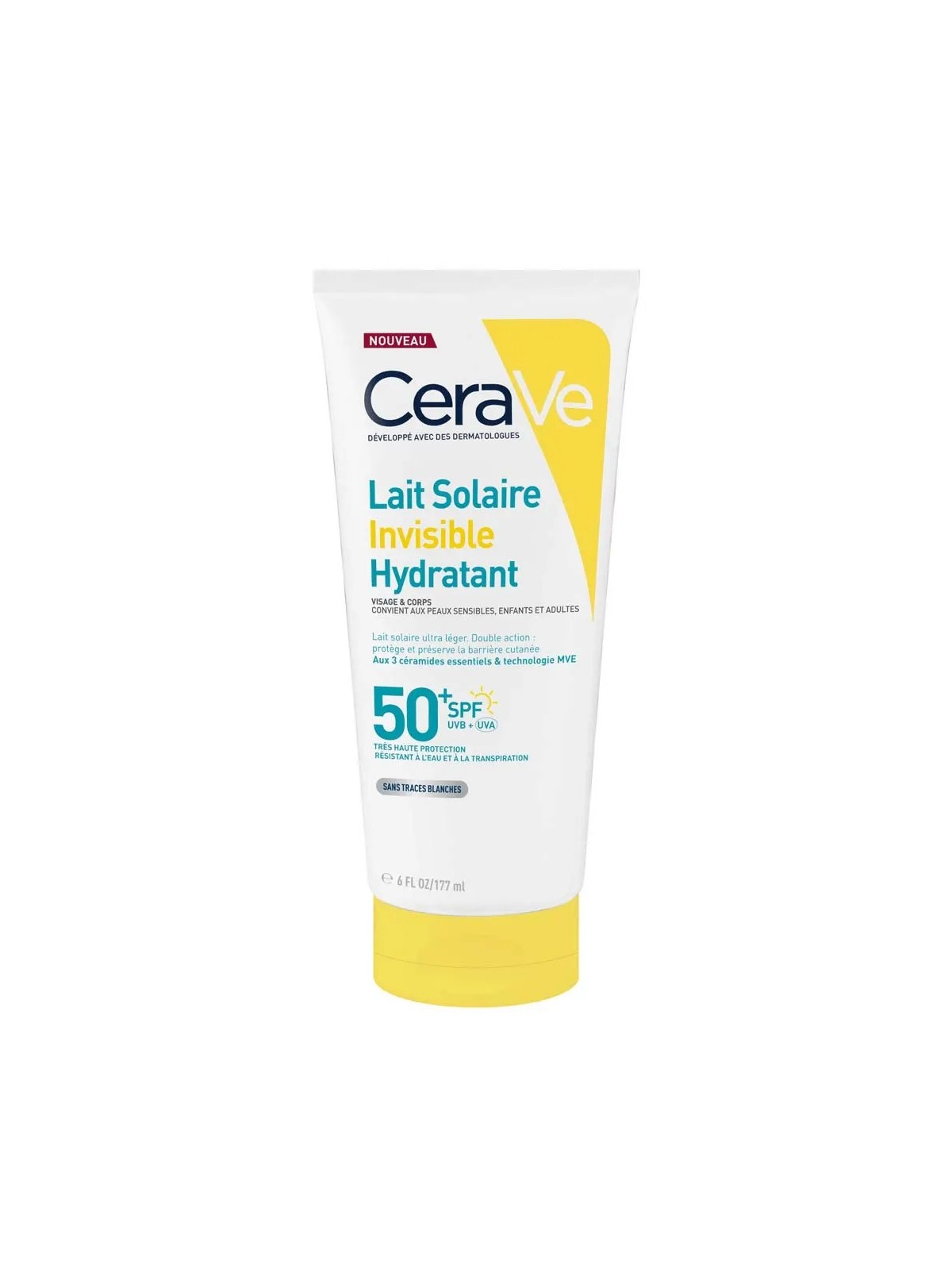 CERAVE Lait Solaire Invisible Hydratant SPF 50+ Haute Protection Visage et Corps 177 ml
