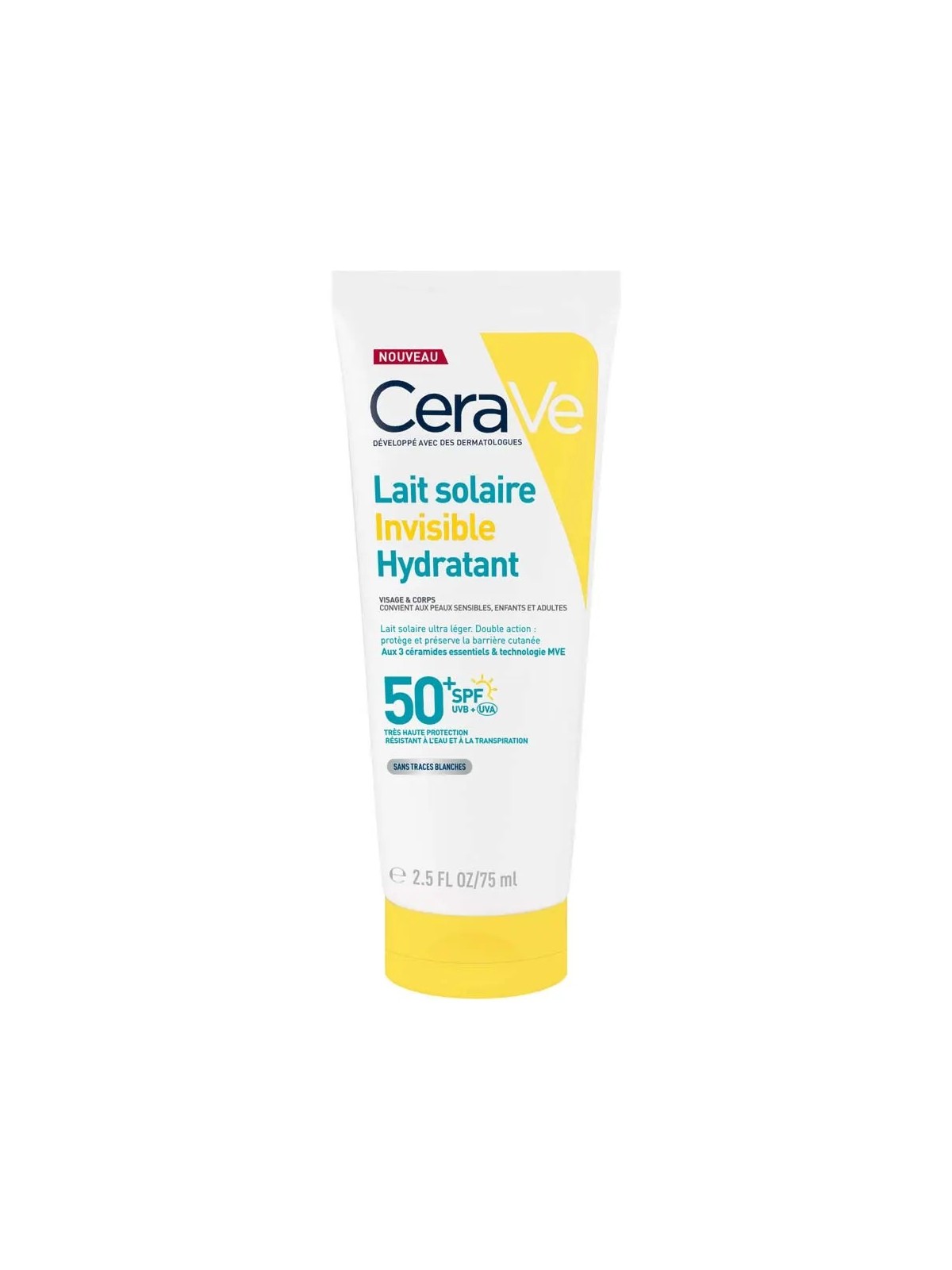 CERAVE Lait Solaire Invisible Hydratant SPF 50+ Haute Protection Visage et Corps 75 ml