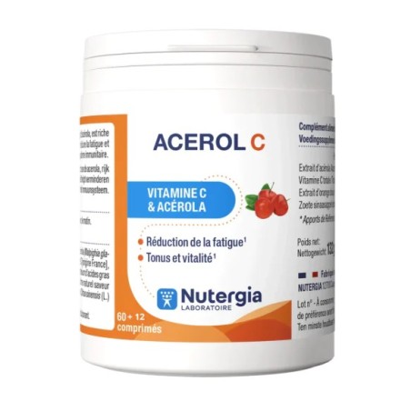NUTERGIA Acerol C Vitamine C & Acérola Comprimés pot de 60 + 12