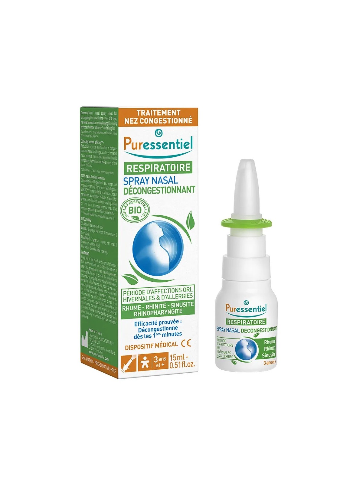 PURESSENTIEL Respiratoire Spray Nasal Décongestionnant 15 ml