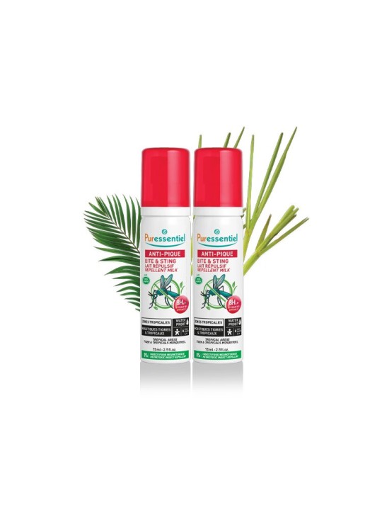 PURESSENTIEL Anti-Pique Lait Répulsif Zones Tropicales Moustiques Tigres et Tropicaux 2x75 ml