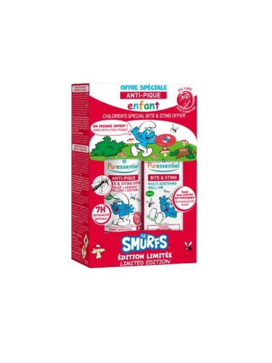 PURESSENTIEL Coffret Schtroumpf Anti-Pique Roller Multi-Apaisant Bio Enfant 5 ml + Spray Répulsif Apaisant 75 ml