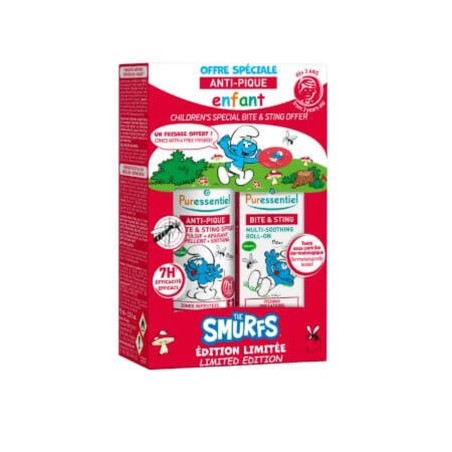 PURESSENTIEL Coffret Schtroumpf Anti-Pique Roller Multi-Apaisant Bio Enfant 5 ml + Spray Répulsif Apaisant 75 ml