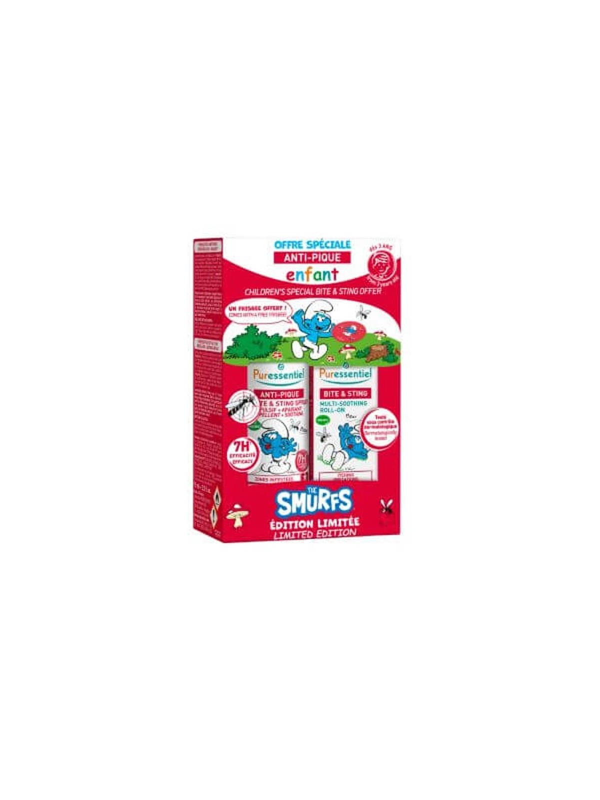 PURESSENTIEL Coffret Schtroumpf Anti-Pique Roller Multi-Apaisant Bio Enfant 5 ml + Spray Répulsif Apaisant 75 ml