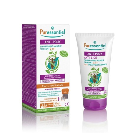 PURESSENTIEL Anti-Poux Shampooing Masque Traitant 2en1 Avec Peigne 150 ml
