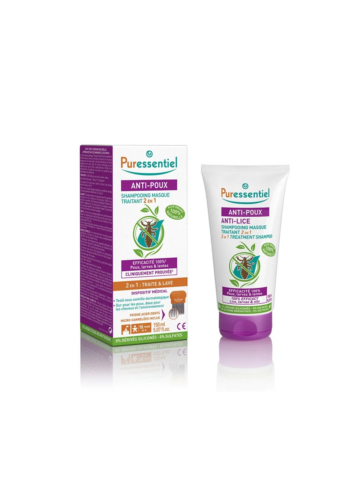 PURESSENTIEL Anti-Poux Shampooing Masque Traitant 2en1 Avec Peigne 150 ml