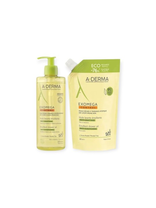 A-DERMA Exomega Control Huile Lavante Emolliente Anti-Grattage 500 ml + Eco Recharge 500 ml