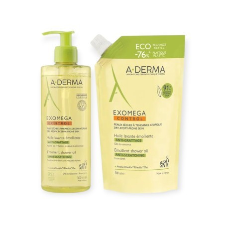 A-DERMA Exomega Control Huile Lavante Emolliente Anti-Grattage 500 ml + Eco Recharge 500 ml